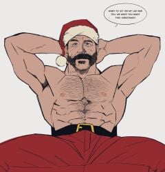 1boy 2023 abs activision bara bara_tits barazoku beard_stubble black_hair blue_eyes body_hair bonjourdraws bulge call_of_duty call_of_duty:_modern_warfare_2 call_of_duty_modern_warfare_2_(2022) captain_price christmas christmas_clothing clothing daddy dialogue english_text facial_hair hairy_male holidays john_price male male_nipples male_only manly mature_male muscles muscular_male mustache mutton_chops nipples no_visible_genitalia pecs santa_costume santa_hat sideburns solo soul_patch text topless_male