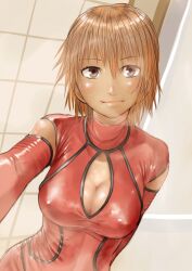 1girls big_breasts blonde_hair brown_eyes female female_only fully_clothed kilye_4421 looking_at_viewer red_latex selfie short_hair smile solo steamy sweat