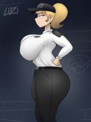 1girls ass big_ass big_breasts clothed clothed_female exaggerated_anatomy female female_only five_nights_at_freddy's five_nights_at_freddy's:_security_breach fnaf luzia security_guard side_view sideboob solo solo_female unrealistic_body_standards unrealistic_proportions vanessa_(fnaf)