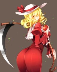 absurdres apple ass blonde_hair breasts curly_hair dress drill_hair elly_(touhou) female food fruit grey_background hair_over_one_eye hat hat_ribbon highres huge_ass large_breasts looking_at_viewer pointy_ears raptor7 red_dress ribbon scythe simple_background solo touhou touhou_(pc-98) twin_drills white_headwear yellow_eyes