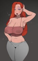 areolae_visible_through_clothing big_breasts bobtheneet clothing color disney elijahzx female fully_clothed jessica_rabbit jpeg leggings married_woman mature_female no_bra red_hair sweat sweaty_body thick_thighs who_framed_roger_rabbit