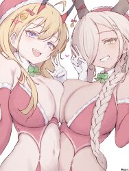 2girls azur_lane breasts_to_breasts christmas christmas_outfit heart huge_breasts kumano_(azur_lane) owari_(azur_lane) peace_sign revealing_clothes smile upper_body v