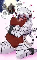 1girls alya_(born_of_itheriont) blush born_of_itheriont cat_ears chains extreme_blush feline female female_focus female_only furry heart-shaped_pupils humanoid kawa-v knight long_hair love multicolored_hair pillow pillow_grab solo solo_female straight tail text thick_thighs tiger