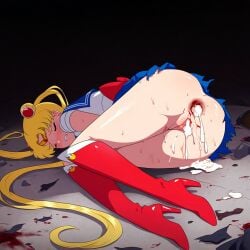 after_anal after_rape after_sex after_vaginal ai_generated bishoujo_senshi_sailor_moon blood blush boots closed_eyes clothing crying cum cum_in_ass cum_in_pussy dark_alley defeated defeated_heroine double_bun gaping gaping_anus heroine high_heel_boots high_heels magical_girl magical_girl_outfit rape raped red_boots sailor_moon skirt torn_clothes traumatized twintails usagi_tsukino yellow_hair