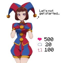 1girls 2d 2d_(artwork) 5_fingers absurd_res ass bangs bare_arms bare_legs big_ass big_breasts big_butt blush blush_lines bottomwear breasts brown_hair brunette bubble_ass bubble_butt butt cheek_markings clothed clothed_female clothes clown clown_girl clown_makeup curvaceous curvy curvy_female curvy_figure dat_ass digital_drawing_(artwork) digital_media_(artwork) english_text eyebrows eyebrows_raised eyelashes facing_viewer fashik fat_ass female female_only fit fit_female front_view glistening glistening_body gloves handwear hat headgear headwear hi_res hips hourglass_figure human human_only humanoid jester jester_hat jester_outfit light-skinned_female light_skin looking_at_viewer makeup mascara medium_breasts medium_hair multicolored_eyes pale-skinned_female pale_skin pomni_(the_amazing_digital_circus) pose posing raised_eyebrows rosy_cheeks seductive seductive_eyes seductive_look shiny shiny_hair shiny_skin shirt shorts shoulder_pads simple_background slim_waist solo solo_female standing strip_game striped_clothing talking talking_to_viewer text the_amazing_digital_circus thick_thighs thigh_gap thighs topwear upper_body white_background wide_hips wrist_cuffs