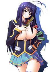 blush breasts fan kurokami_medaka large_breasts long_hair medaka_box nipples panties pantyshot school_uniform shadow simple_background smile thighhighs underwear yagami08 zettai_ryouiki