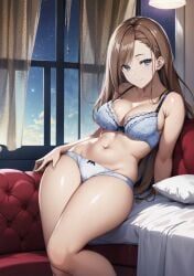 1girls ai_generated bedroom_setting blue_eyes brown_hair classroom_of_the_elite female long_hair matsushita_chiaki pillow posing_for_the_viewer red_couch smiling_at_viewer solo_female solo_focus underwear youkoso_jitsuryoku_shijou_shugi_no_kyoushitsu_e