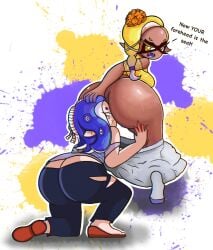 2girls alternate_ass_size alternate_version_available angry ass ass_bigger_than_head ass_on_face big_ass big_butt dark-skinned_female deep_cut_(splatoon) fart_fetish female female_only frye_(splatoon) frye_onaga huge_ass inkling multiple_girls octoling shiver_(splatoon) shiver_hohojiro sitting_on_face splatoon splatoon_3 talking text zaemon zaemonbrap