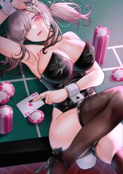 1girls black_leotard breasts bunny_tail casino casino_card_table choker fake_tail gomo grey_hair high_heels holding_card large_breasts laying_on_table leotard looking_at_viewer nijisanji nonude painted_fingernails pink_eyes playboy_bunny playing_card poker_chip sukoya_kana table tagme thighhighs twintails virtual_youtuber wrist_cuffs