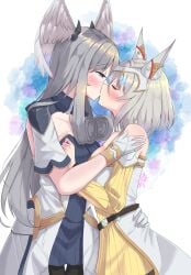 2girls arm_around_back bare_shoulders bedroom_eyes blue_dress blue_eyes blush bob_cut breasts cat_ears catgirl circlet closed_eyes cute dress embrace friends fully_clothed gloves grey_dress grey_hair hand_on_hip head_wings hug hugging kissing long_hair mature_female medium_breasts melia_antiqua milf nia nintendo queen revvie romantic royalty short_hair size_difference white_dress wings wings_on_head xenoblade_(series) xenoblade_chronicles_3 yellow_dress yuri