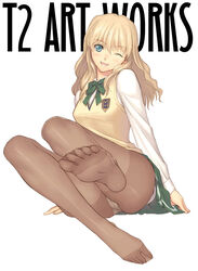 1girls blonde_hair bow feet female female_only green_eyes happy long_hair long_legs minato open_mouth panties panties_under_pantyhose pantyhose pantyshot school_uniform seifuku serafuku sitting skirt sleeveless_sweater smile soles solo sweater sweater_vest taka_tony toes underwear vest white_panties zegapain zoom_layer