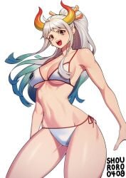 1girls bikini blue_hair breasts brown_eyes earrings female female_only hoop_earrings horns large_breasts looking_at_viewer midriff multicolored_hair navel one_piece ponytail shouroro side-tie_bikini side-tie_swimsuit swimsuit white_bikini white_hair white_swimsuit yamato_(one_piece)