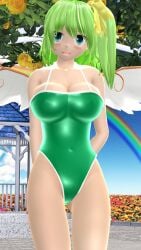 1girls 2024 3d_(artwork) adult_female belly_button blue_eyes blush breasts daiyousei embodiment_of_scarlet_devil fairy fairy_wings female flower_field green_rubber green_swimsuit hati_yukkuri_mmd jpeg light-skinned_female light_green_hair looking_at_viewer mmd outside rainbow rubber rubber_clothing sky solo_female solo_focus swimsuit touhou wings yellow_flower yellow_ribbon