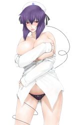 blush breasts commentary_request covering_breasts covering_privates dress_shirt female ghost_in_the_shell hat highres huge_breasts kusanagi_motoko libre no_pants panties purple_hair red_eyes shirt solo underwear white_background wire