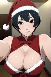 1girls adapted_costume ai_generated big_breasts black_eyes black_hair blunt_bangs boruto:_naruto_next_generations bra breasts center_opening christmas christmas_clothing christmas_headwear christmas_outfit cleavage costemania dress female female_only fur_trim headwear kurotsuchi light-skinned_female light_skin lingerie looking_at_viewer mature mature_female nai_diffusion naruto naruto_(series) pale-skinned_female pale_skin petite presenting presenting_breasts revealing_clothes santa_hat selfie short_hair smile smiling smiling_at_viewer solo solo_focus stable_diffusion taking_selfie upper_body