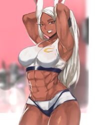 1girls abs animal_ears arms_behind_head bottomwear bunny_ears clothing female female_only hair hands_behind_head hips long_hair miruko muscular muscular_female my_hero_academia red_eyes rumi_usagiyama ryopie shorts smile solo solo_female sports_bra sports_uniform sportswear thick_thighs thighs topwear white_hair white_shorts white_sports_bra