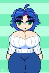 animated blue_hair blue_jeans bouncing_breasts cleavage clothed clothing embarrassed female_only gif green_eyes huge_breasts jeans octotron2000 original_character pixel_art short_hair solo solo_female someone_else's_oc sweater thick_thighs wide_hips