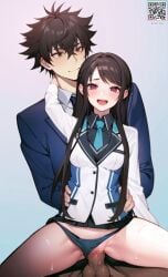 1boy 1girls ai_generated alternative_version_available bangs black_hair black_shirt blazer blush breasts brown_eyes clothing_aside female funny gradient gradient_background heart houjou_kaori isekai_de_cheat_skill_wo_te_ni_shita_ore_wa_genjitsu_sekai_wo_mo_musou_suru iseleve jacket long_hair long_sleeves male medium_breasts necktie open_mouth panties panties_aside penis pussy qr_code red_eyes reverse_upright_straddle school_uniform sex sex_from_behind skirt smile spread_legs straight suit tenjou_yuuya testicles uncensored_version_at_source underwear