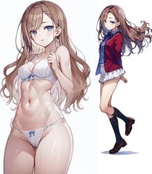 ai_generated black_socks blue_eyes blue_ribbon blue_shirt brown_hair brown_shoes classroom_of_the_elite long_hair matsushita_chiaki red_blazer school_uniform schoolgirl white_background white_bra white_panties white_skirt white_underwear wsax youkoso_jitsuryoku_shijou_shugi_no_kyoushitsu_e