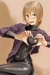 black_latex blonde_hair breasts brown_eyes heart-shaped_boob_challenge kilye_4421 latex looking_at_viewer purple_shirt sweat