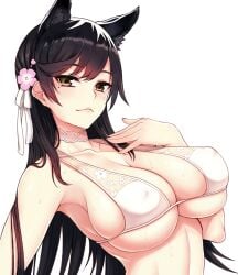 1girls animal_ears atago_(azur_lane) atago_(summer_march)_(azur_lane) azur_lane bikini black_hair blush breasts brown_eyes choker closed_mouth cocq_taichou collarbone covered_erect_nipples female flower hair_flower hair_ornament hand_on_own_chest large_breasts light-skinned_female light_skin lips long_hair looking_at_viewer mole mole_under_eye sakura_empire_(azur_lane) simple_background skindentation solo swimsuit upper_body white_background white_bikini