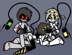 blowjob brown_hair disassembly_drone glitch_productions green_eyes murder_drones murderdrone69 oc original_character red_eyes robot robot_boy robot_girl sdk69000 spitroast spitroasting threesome yellow_eyes