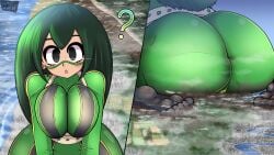 airplane ass_focus asui_tsuyu black_eyes boku_no_hero_academia city city_destruction cityscape destruction female giant giant_ass giant_breasts giantess green_hair hero_outfit_(mha) macro macro_female my_hero_academia oblivious tsuyu_asui