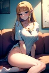 ai_generated aiposter blonde_hair blue_eyes bottomless couch crossed_legs hair_ornament long_ears long_hair on_couch princess_zelda skyward_sword socks the_legend_of_zelda zelda_(skyward_sword)