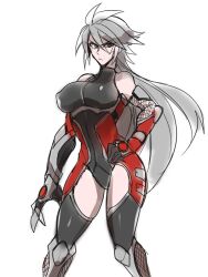 alpha-01 bare_shoulders blazblue bodysuit breasts commentary_request covered_nipples curvy elbow_gloves female fishnet_gloves fishnets genderswap_(mtf) gloves green_eyes grey_hair hand_on_own_hip heterochromia kaneaki_mukku large_breasts long_hair ponytail ragna_the_bloodedge red_eyes rule_63 solo taimanin_(series) taimanin_suit white_background