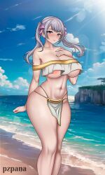 1girls alternate_version_available background big_breasts black_clover blush breasts curvy feet hi_res hourglass_figure huge_breasts large_breasts looking_at_viewer nipples noelle_silva purple_eyes pzpana silver_hair skimpy thick_thighs thighs twintails voluptuous