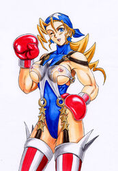 1girls bandana blonde_hair blue_eyes boxing_gloves breasts capcom clothing earrings female female_only gloves kitamura kitamura_hips light-skinned_female light_skin nipples one_eye_closed red_boxing_gloves red_gloves rival_schools see-through see-through_clothing small_breasts solo star_earrings stockings tiffany_lords white_background wide_hips wink