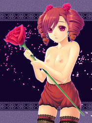 bloomers breasts byuune drill_hair female female_only fishnet_legwear fishnet_stockings fishnets flower human legwear nipples petals pink_eyes red_hair rose short_twintails solo soul_calibur thighhighs tied_hair topless twintails