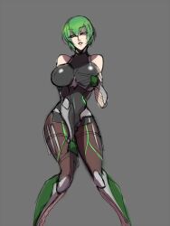 alternate_costume armor bare_shoulders blazblue bodysuit breasts commentary_request female fishnet_gloves fishnets genderswap_(mtf) gloves grabbing_own_breast greaves green_hair grey_background hazama kaneaki_mukku large_breasts rule_63 short_hair simple_background sketch skin_tight solo taimanin_(series) taimanin_suit thigh_strap yellow_eyes