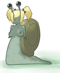 1girls antennae blush breasts copyright_request gastropod mollusk momorodent monster_girl nipples nude ribbon shell short_twintails smile snail snail_girl tied_hair twintails what