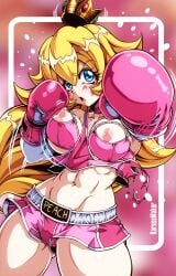 1girl 1girls abs blonde_hair blue_eyes booty_shorts boxing boxing_gloves boxing_shorts bra breasts crown female female_only fighting_stance hands_up karosu-maker mario_(series) midriff motion_lines nintendo nipples open_mouth pale-skinned_female pink_boxing_gloves pink_clothing pink_gloves princess_peach punch punching short_shorts shorts solo tagme thigh_gap thighs