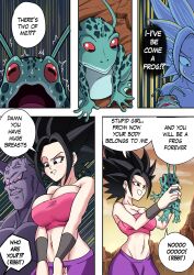 1boy 1girls 5_panel_comic axlexcima black_hair body_swap captain_ginyu caulifla comic dragon_ball dragon_ball_super dragon_ball_z english_text female_saiyan huge_breasts page_8 speech_bubble sweat third-party_edit universe_6/universe_7