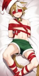 1boy absurdres arms_behind_back bell blue_eyes blush bondage bound brown_hair christmas christmas_present commentary_request dog_boy dog_tail genshin_impact gift gorou_(genshin_impact) green_shorts hair_between_eyes half-closed_eyes highres iroiro_0w0 jingle_bell lying male male_focus male_only merry_christmas midriff multicolored_hair navel on_back on_bed open_mouth red_ribbon ribbon ribboned_body santa_hat shorts simple_background solo stomach streaked_hair tail topless_male young_boy