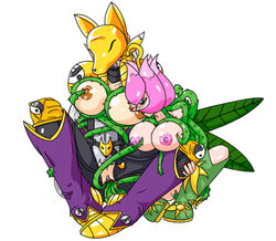 4_wings blush breasts clothing digimon fairy fairy_wings female jim_sugomi leaf leaf_wings leaves lillymon lipstick makeup multiple_girls nail_polish nipples open_mouth penetration plant plant_girl purple_tentacles pussy restrained sakuyamon sex spread_legs tentacle torn_clothes vaginal_penetration vine_hair vines wings yuri