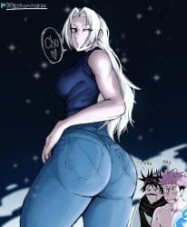 1girls 2023 2boys ass ass_awe big_ass big_breasts big_butt blue_shirt breasts choso_kamo fully_clothed huge_breasts itadori_yuuji jeans jujutsu_kaisen large_ass large_breasts large_butt mobi_mobi pantylines text yuki_tsukumo