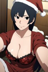 1girls adapted_costume ai_generated alternate_hairstyle big_breasts black_eyes black_hair blunt_bangs boruto:_naruto_next_generations bra breasts center_opening christmas christmas_clothing christmas_headwear christmas_outfit cleavage costemania dress female female_only fur_trim headwear kurotsuchi light-skinned_female light_skin lingerie long_hair looking_at_viewer mature mature_female nai_diffusion naruto naruto_(series) pale-skinned_female pale_skin petite presenting presenting_breasts revealing_clothes santa_hat selfie smile smiling smiling_at_viewer solo solo_focus stable_diffusion taking_selfie upper_body