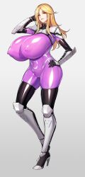 bad_id bad_pixiv_id blonde_hair blush bodysuit breasts cameltoe character_request cleavage covered_navel covered_nipples elise_(xu_guoqing) female full_body gigantic_breasts grey_background hand_on_own_hip high_heels highres impossible_bodysuit impossible_clothes lips long_hair looking_at_viewer purple_bodysuit shiny_clothes simple_background skin_tight skindentation smile solo standing taimanin_(series) taimanin_suit yellow_eyes