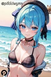 ai_generated bangs bare_shoulders beach beret bikini black_bikini black_choker blue_eyes blue_hair blush breasts choker closed_mouth collarbone crown day female hair_between_eyes hair_ribbon hat hololive hoshimachi_suisei jacket looking_at_viewer navel ocean outdoors pikkiwynn plaid plaid_headwear ribbon side_ponytail small_breasts smile solo stomach swimsuit symbol_in_eye upper_body virtual_youtuber