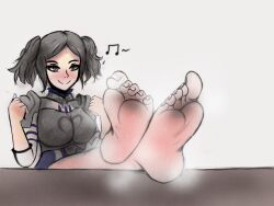 1girls armor bare_thighs barefoot breasts crossed_legs cynthia_(fire_emblem) feet feet_on_table female female_only fire_emblem fire_emblem_awakening foot_fetish foot_focus grey_eyes grey_hair happy jyo legs_up medium_breasts musical_note musk nintendo short_hair smell smelly_feet smile solo steamy_feet sweat table textless_version thighs twintails