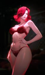 bare_legs belly_button big_breasts bra charlotte_galette female female_only femme_fatale gloves limart lingerie lingerie_only long_hair one_piece orange_eyes panties red_hair small_waist thick_thighs underwear wide_hips