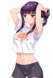 1girls 2017 bike_shorts crop_top female female_only japanese_text konbu_wakame midriff navel nonude original original_character purple_hair revision see-through_shirt see-through_top sidelocks solo solo_female solo_focus spats spats_shorts tagme tying_hair white_background