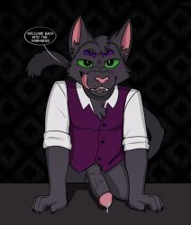 anthro bedroom_eyes black_body black_fur bodily_fluids climbing climbing_on clothing cum domestic_cat erection felid feline felis fur furniture genital_fluids genitals green_eyes hi_res lewd_latte male mammal narrowed_eyes nick_nocturne penis purple_eyes seductive solo table tail tongue tongue_out topwear vest