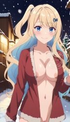 accurate_art_style ai_generated blonde_hair blue_eyes christmas_outfit keikenzumi_na_kimi_to,_keiken_zero_na_ore_ga,_otsukiai_suru_hanashi large_breasts long_hair looking_at_viewer multicolored_hair nekom14 open_jacket pussy shirakawa_runa snow