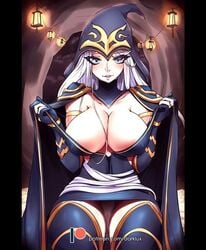 2017 ashe_(league_of_legends) blue_eyes breasts darklux large_breasts league_of_legends panties riot_games thighhighs undressing upskirt white_hair white_panties