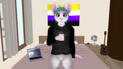 16:9 andromorph anthro bed bedroom beverage bottomless clothed clothing container cuntboy cup digital_media_(artwork) furniture genitals glass half_naked hi_res holding_glass holding_object intersex lgbt_pride looking_at_viewer mammal mouse murid murine mynka no_underwear nonbinary_pride_colors pantsless pride_color_flag pride_colors pussy rodent shirt tail topwear widescreen