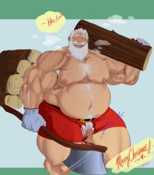 balls bara beard christmas facial_hair gloves ippobig male male_only muscles muscular one_eye_closed overweight penis ripped_clothing santa_claus shirtless shorts solo solo_male speech_bubble wardrobe_malfunction white_hair